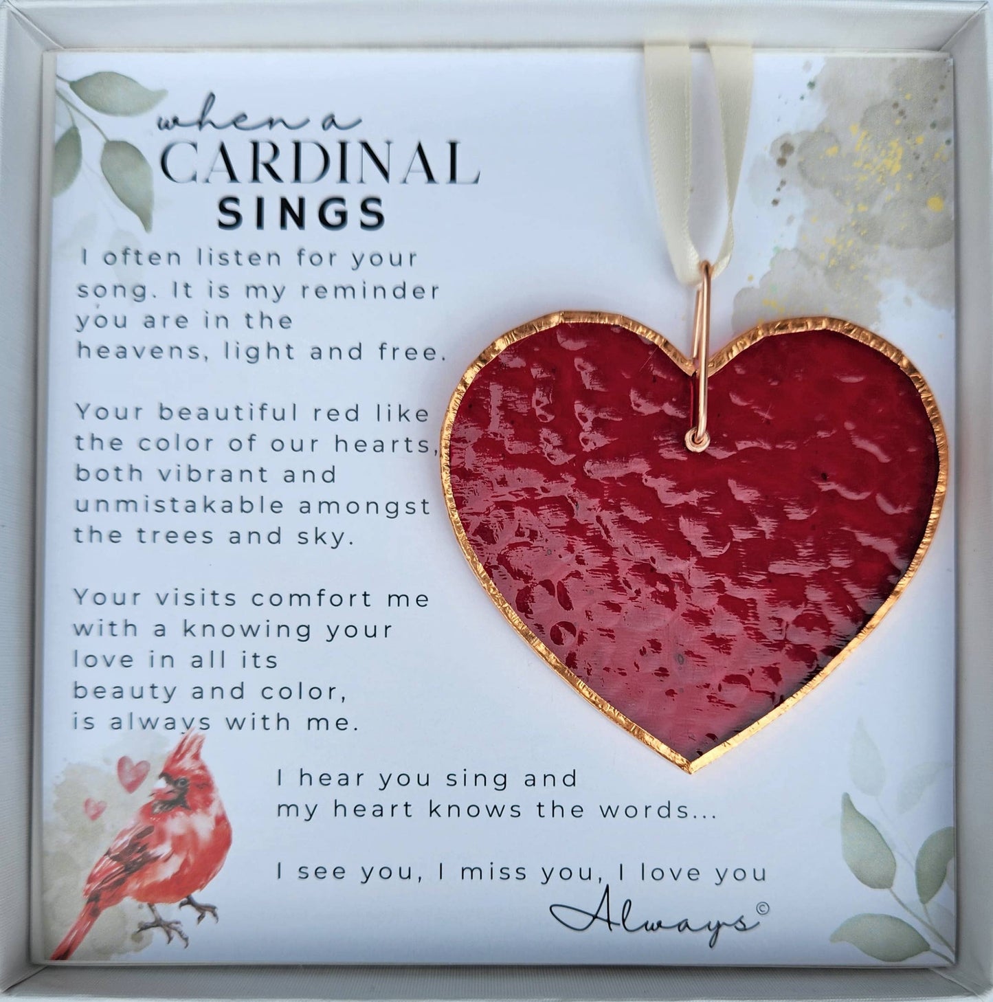Cardinal Sings-Stained Red Glass Heart