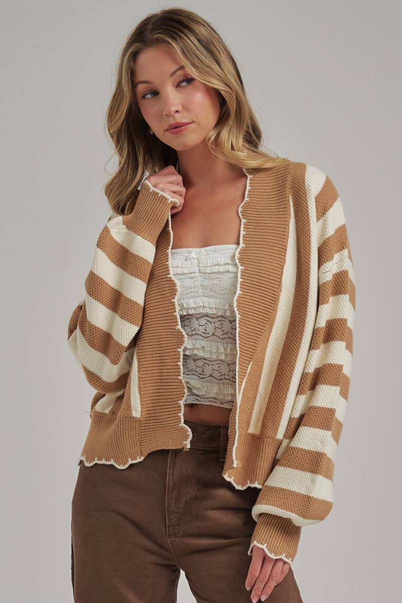 TEXTURE STRIPE OPEN FRONT CARDIGAN WITH SCALLOP EDGE