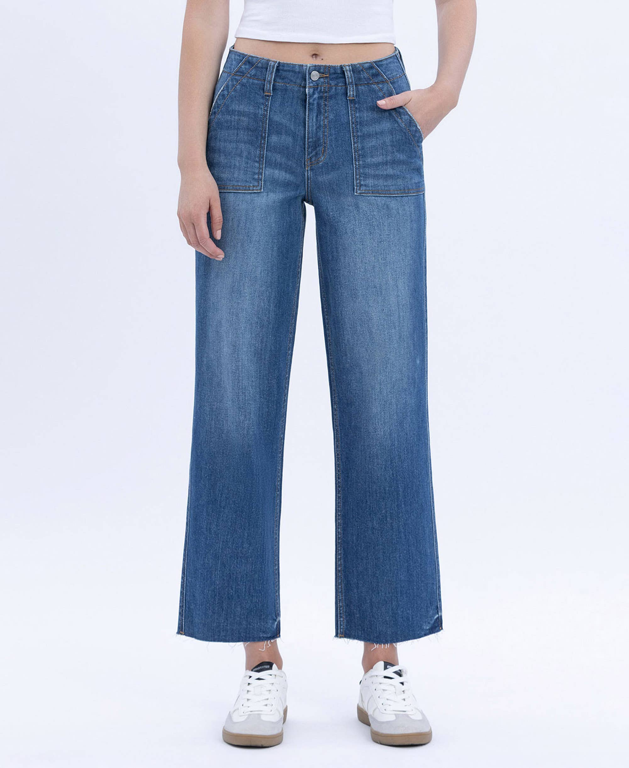 HIGH RISE CROP UTILITY POCKET STRAIGHT JEANS