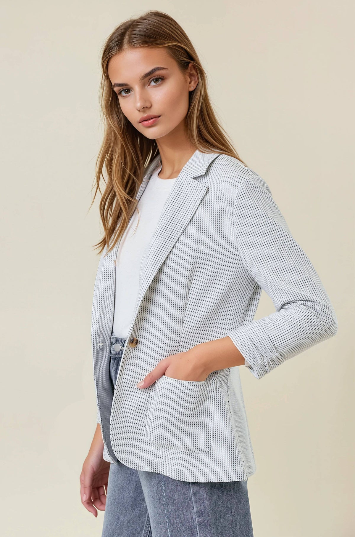 Shirred Sleeve Textured Blazer