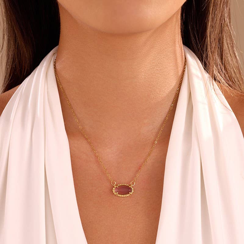 OVAL GEMSTONE CHARM PENDANT NECKLACE