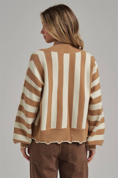 TEXTURE STRIPE OPEN FRONT CARDIGAN WITH SCALLOP EDGE