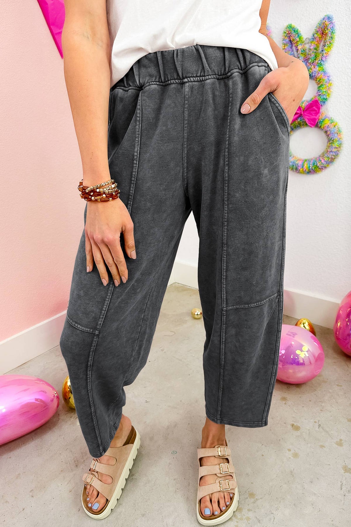 Mineral Wash Seam Detail Elastic Waist Barrel Pants
