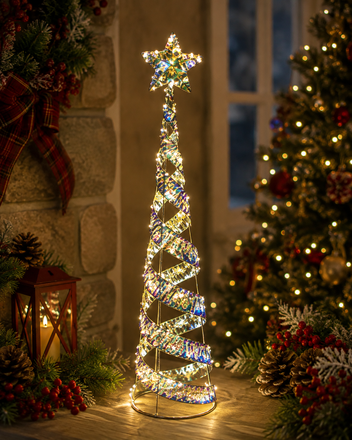 Christmas Iridescent Ribbon Wrapped Spiral 3 FT Tree