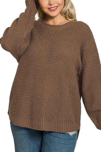 Long Sleeve Round Neck Waffle Sweater