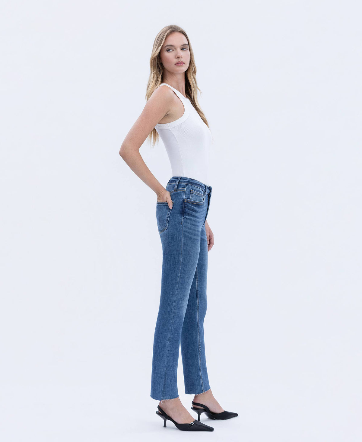 HIGH RISE MEDIUM DARK WASH SLIM STRAIGHT JEANS LV1028