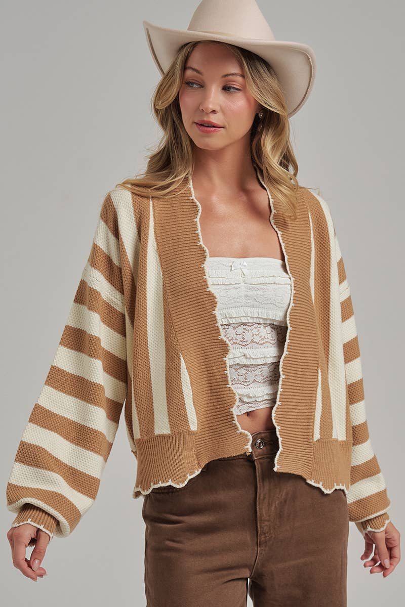 TEXTURE STRIPE OPEN FRONT CARDIGAN WITH SCALLOP EDGE
