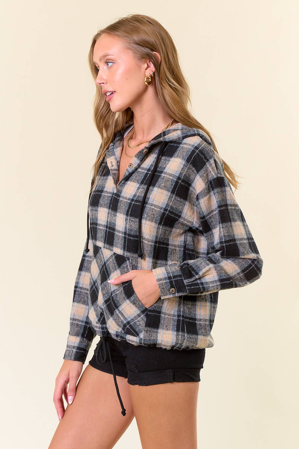 Flannel Plaid Pullover Hoodie W/ Kangaroo Pocket - 44705T