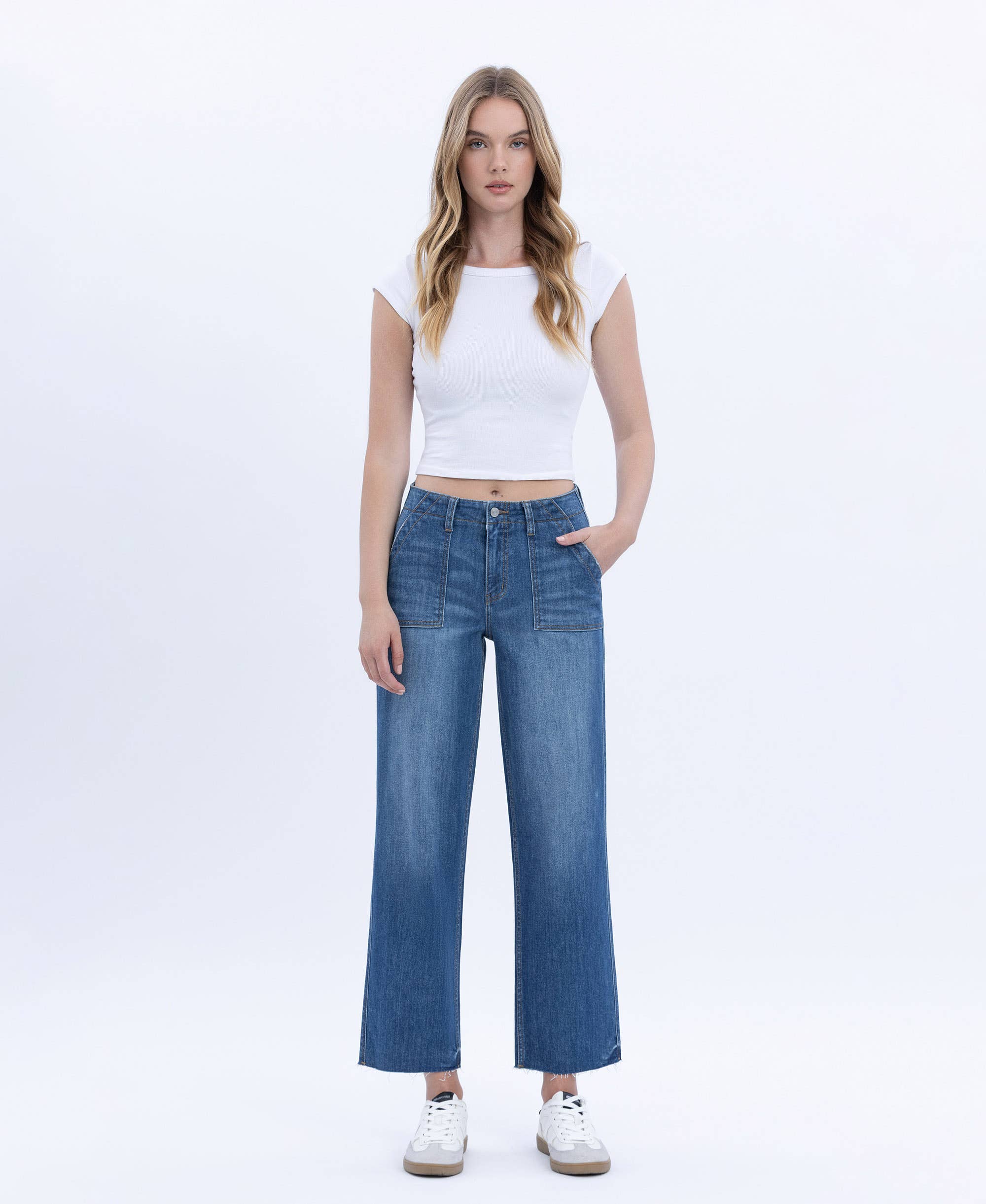 HIGH RISE CROP UTILITY POCKET STRAIGHT JEANS