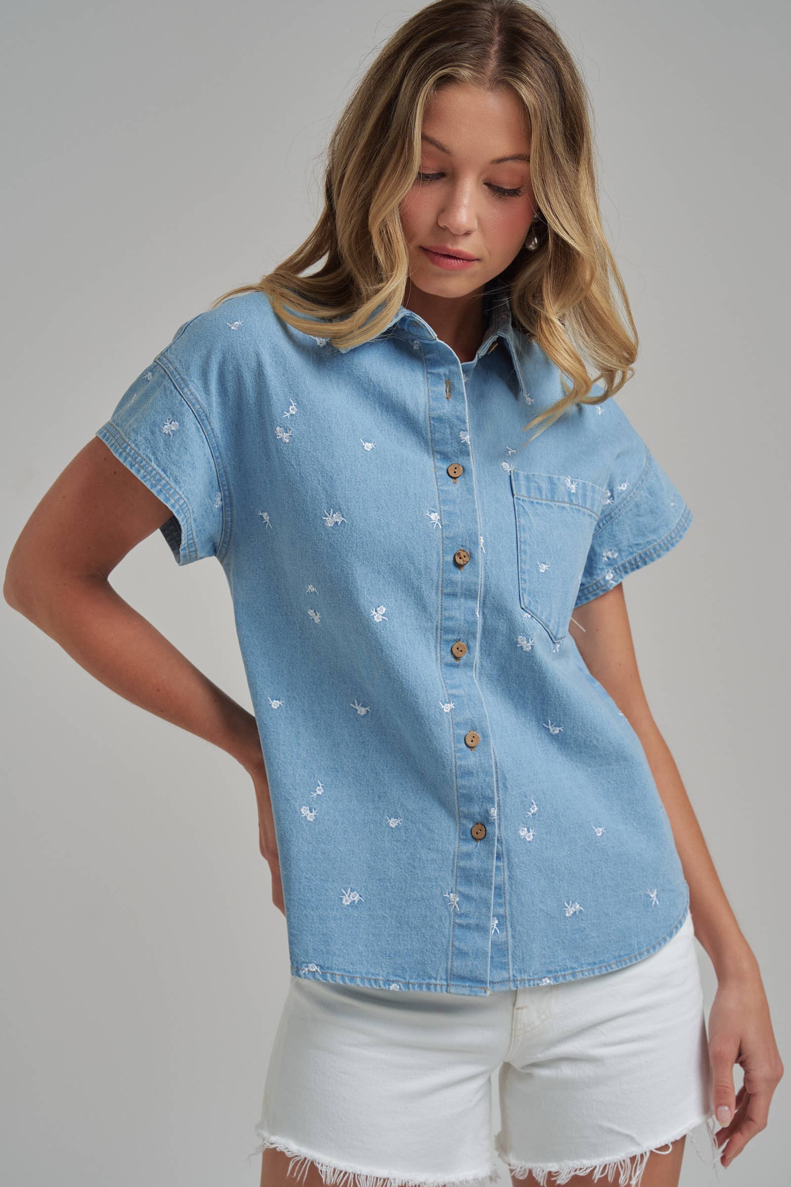 Floral Denim Button-Up Top