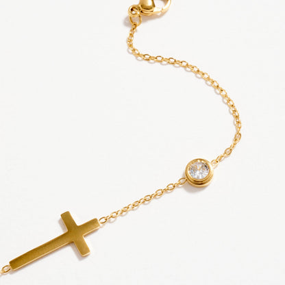 Gold-Tone Cross Bracelet with CZ Accent | Dainty Adjustable Faith Bracelet