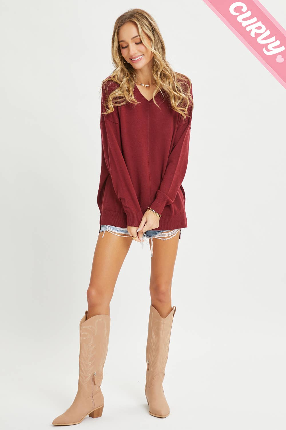 PLUS SIZE  V-NECK COZY KNIT SWEATER TOP