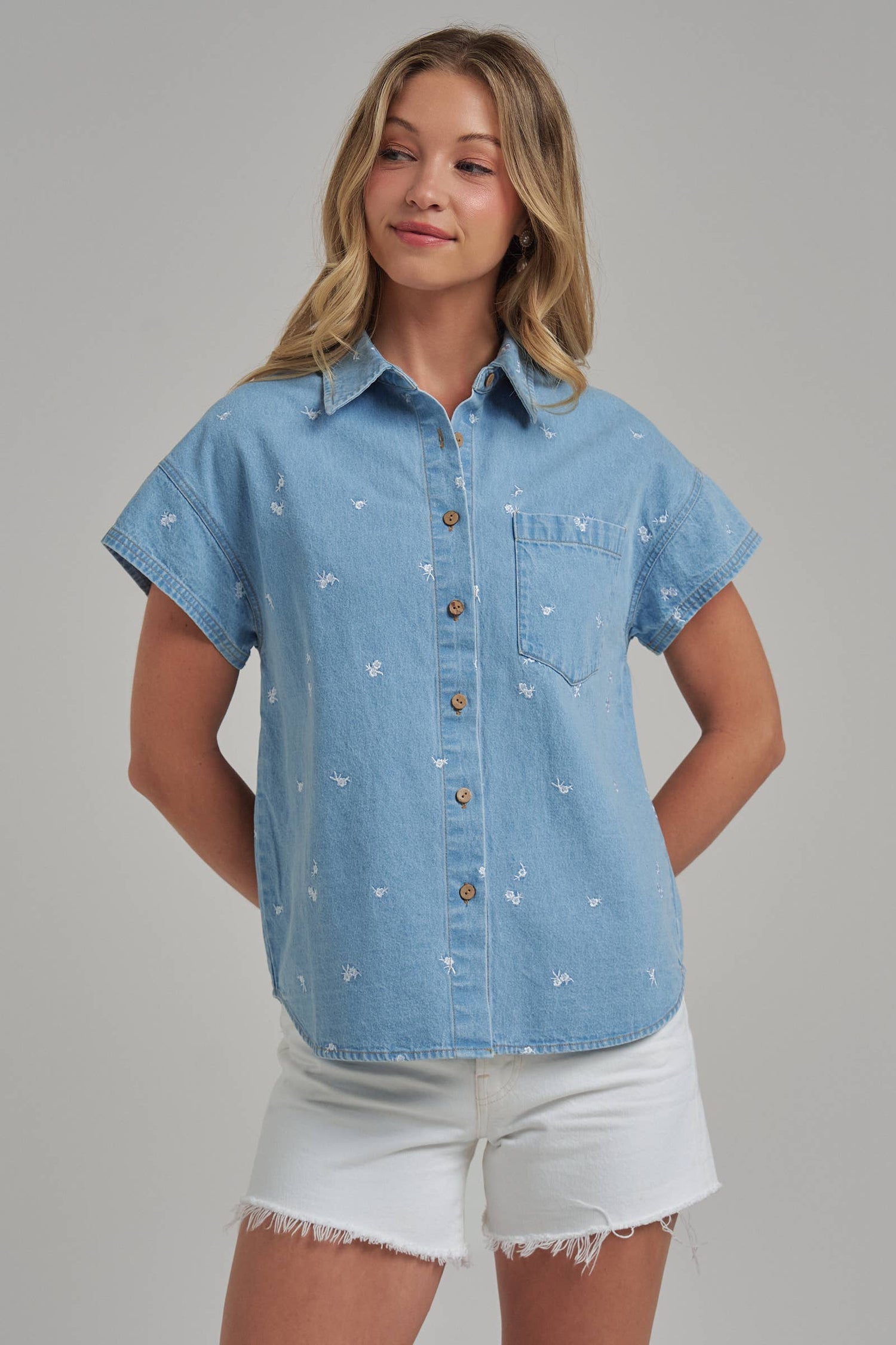 Floral Denim Button-Up Top