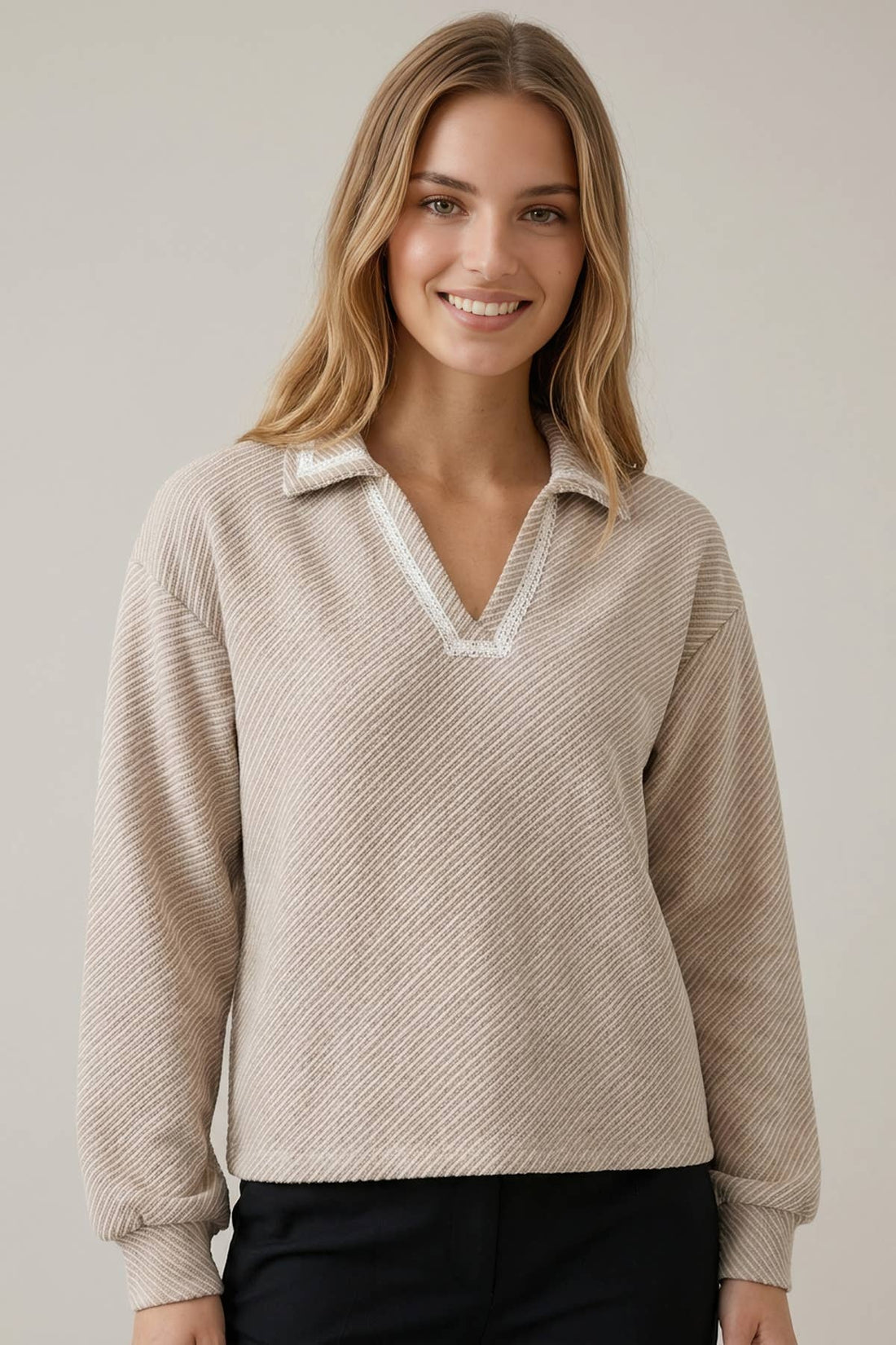 BLANKET STITCH DETAIL COLLARED LONG SLEEVE TOP  - 45897T