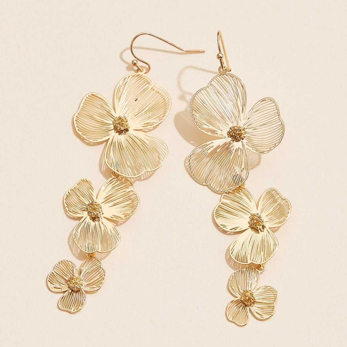 Textured Triple Flower Drop Earrings | Statement Floral Earrings