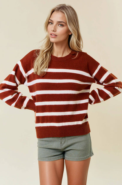 Long-Sleeve Crewneck Striped Knit Top
