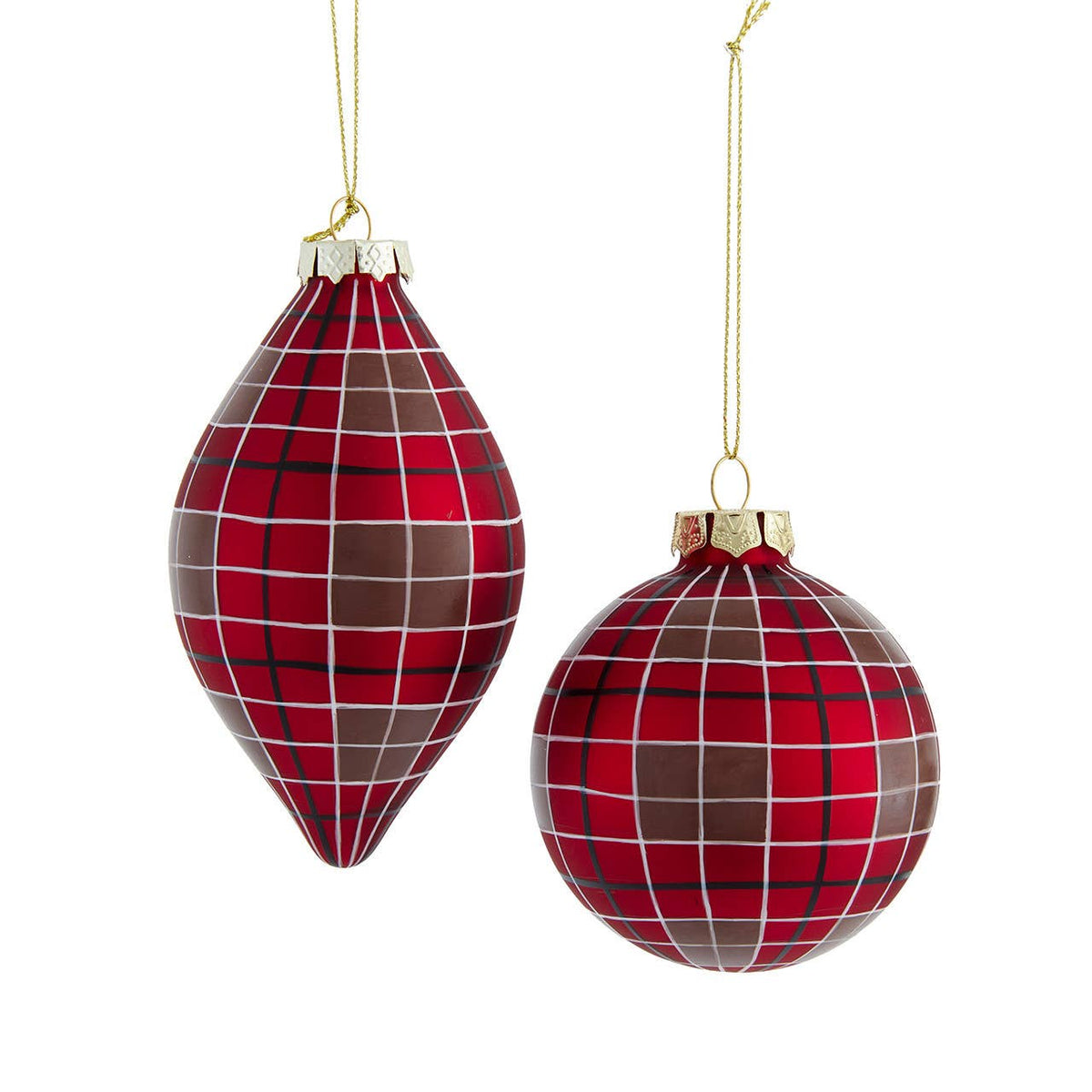 80MM Glass Red Plaid Ball &amp; Finial Ornaments, 2 Assorted