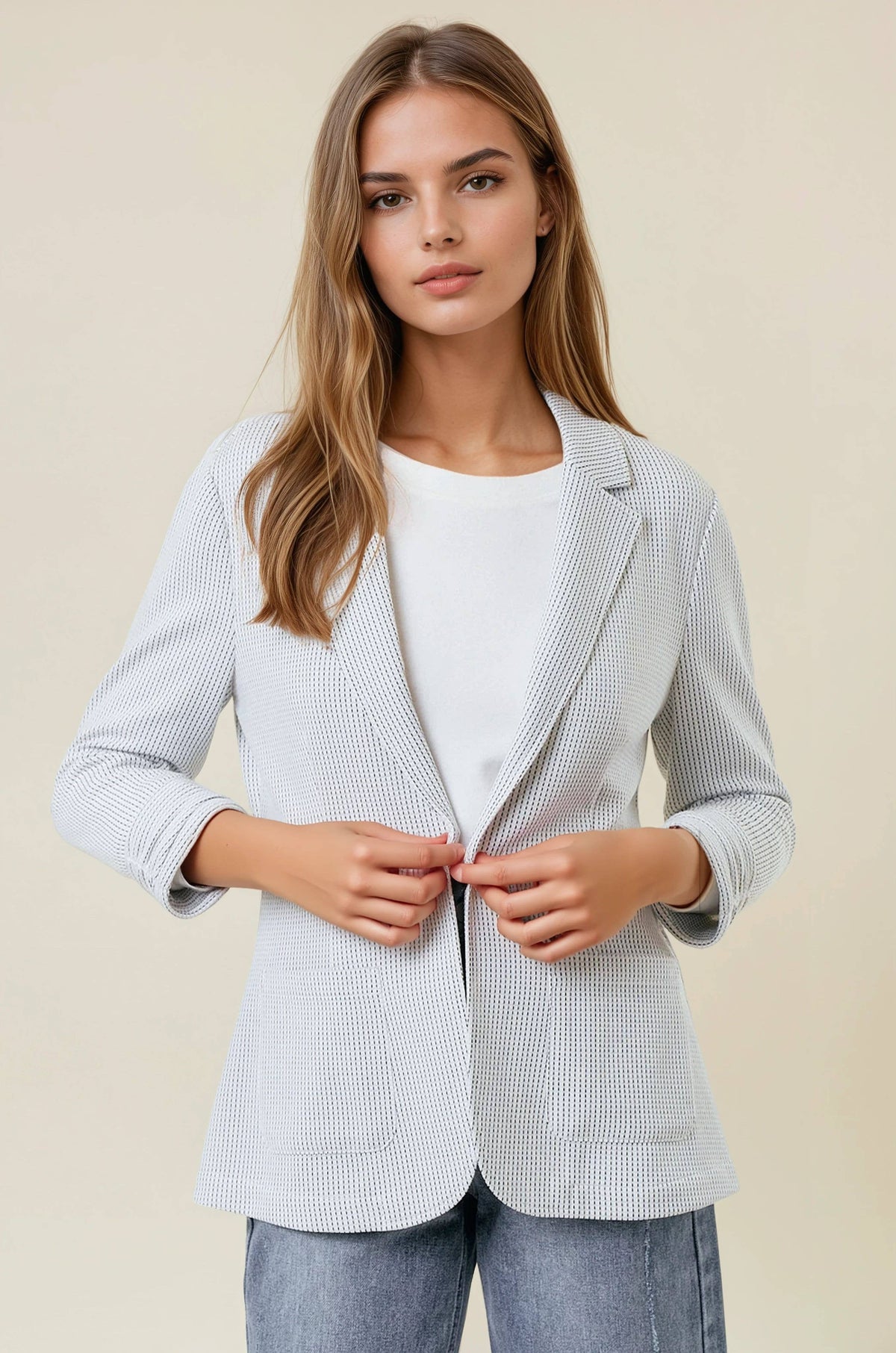 Shirred Sleeve Textured Blazer