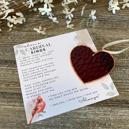 Cardinal Sings-Stained Red Glass Heart