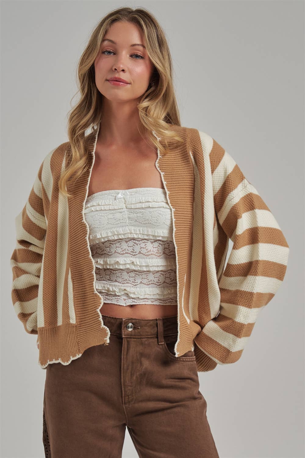 TEXTURE STRIPE OPEN FRONT CARDIGAN WITH SCALLOP EDGE