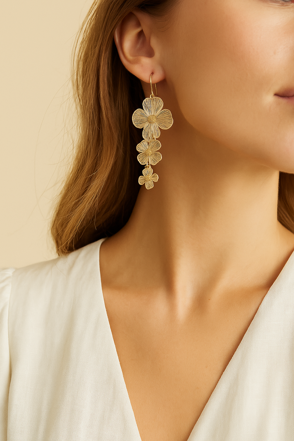 Textured Triple Flower Drop Earrings | Statement Floral Earrings
