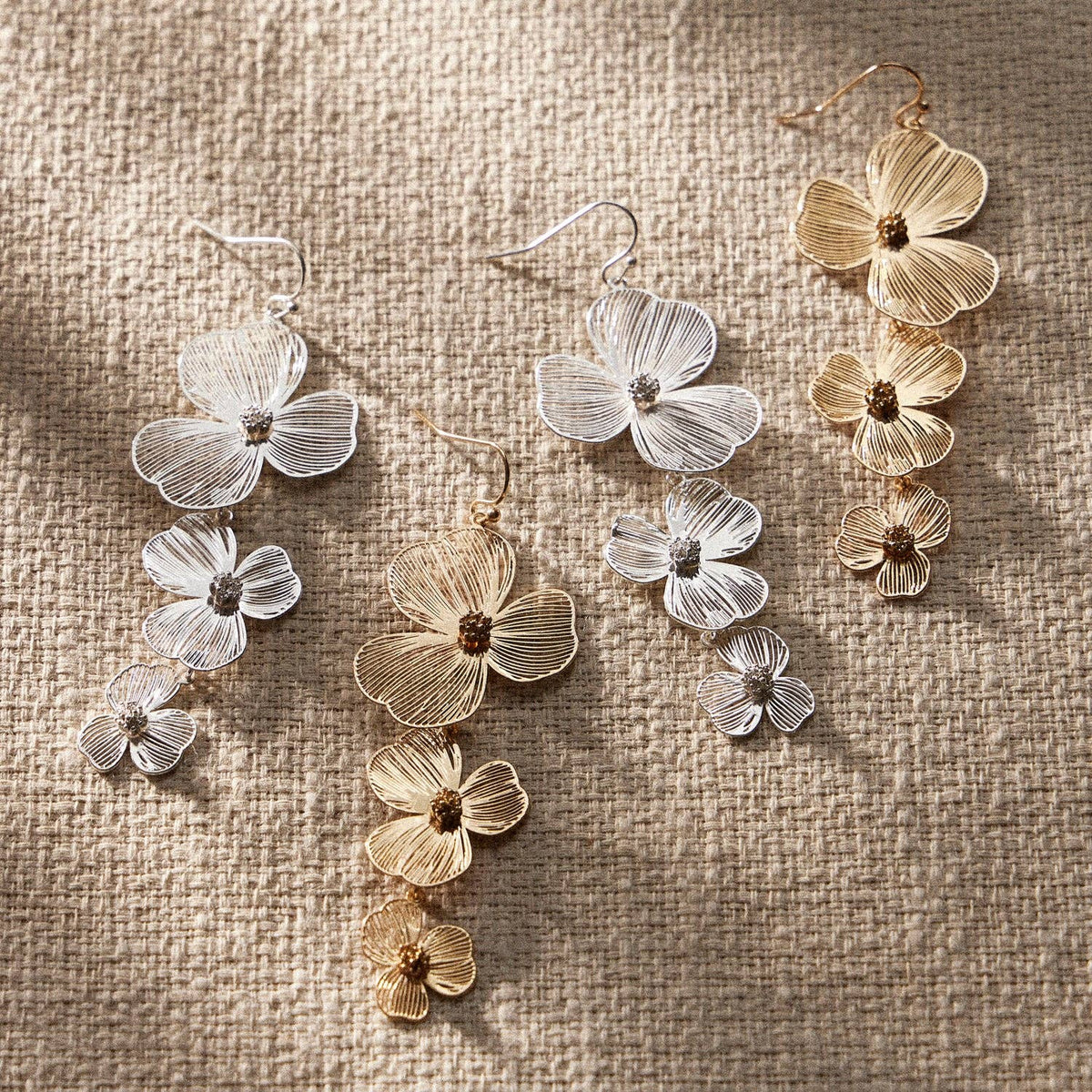 Textured Triple Flower Drop Earrings | Statement Floral Earrings
