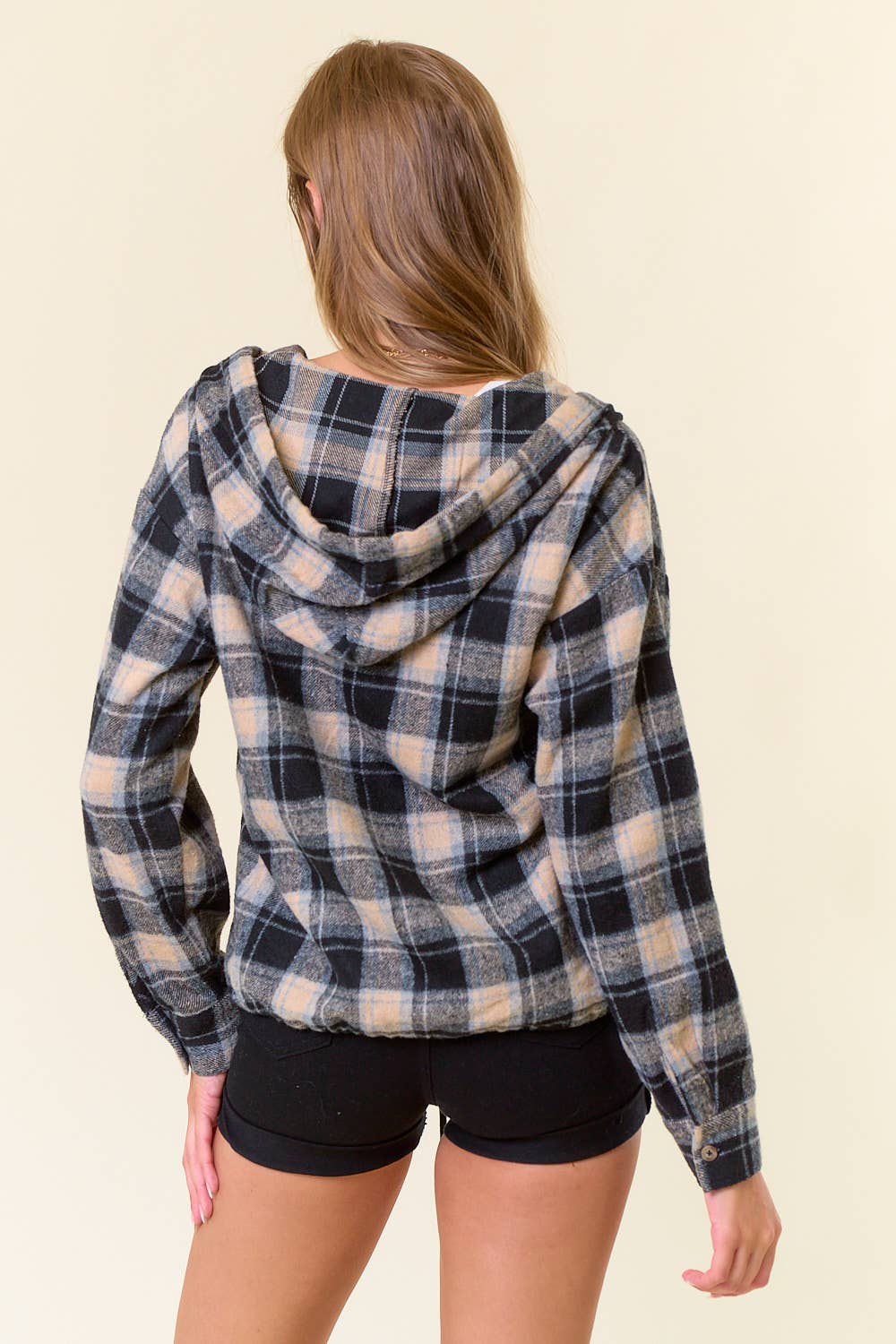 Flannel Plaid Pullover Hoodie W/ Kangaroo Pocket - 44705T
