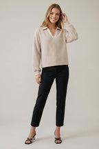 BLANKET STITCH DETAIL COLLARED LONG SLEEVE TOP  - 45897T