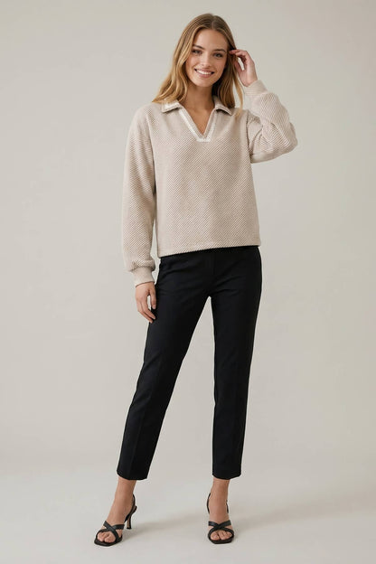 BLANKET STITCH DETAIL COLLARED LONG SLEEVE TOP  - 45897T
