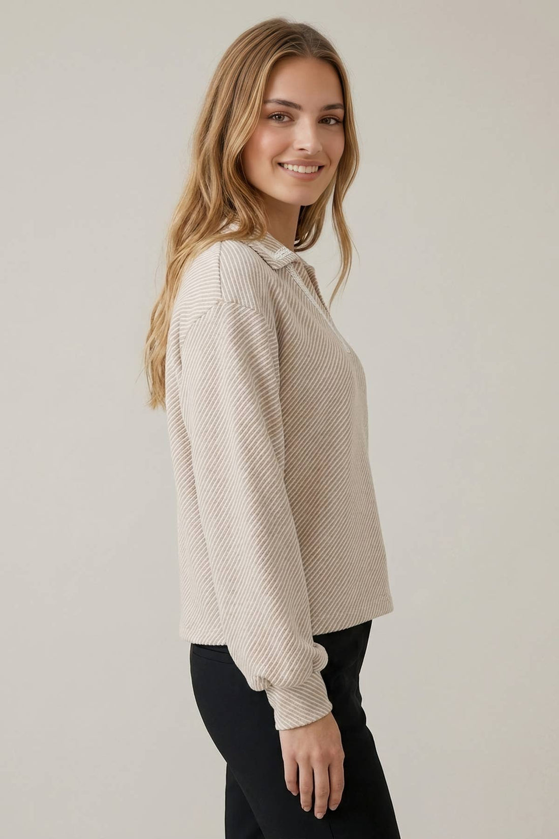 BLANKET STITCH DETAIL COLLARED LONG SLEEVE TOP  - 45897T