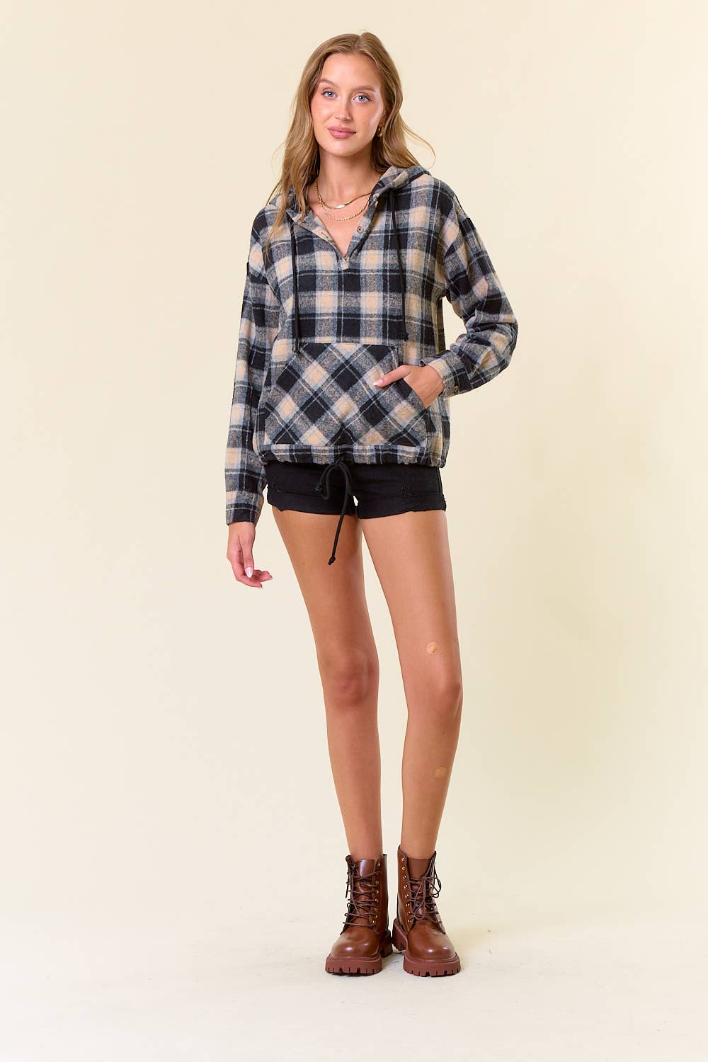 Flannel Plaid Pullover Hoodie W/ Kangaroo Pocket - 44705T