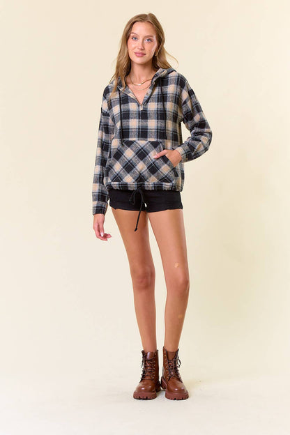 Flannel Plaid Pullover Hoodie W/ Kangaroo Pocket - 44705T