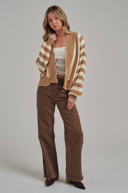 TEXTURE STRIPE OPEN FRONT CARDIGAN WITH SCALLOP EDGE