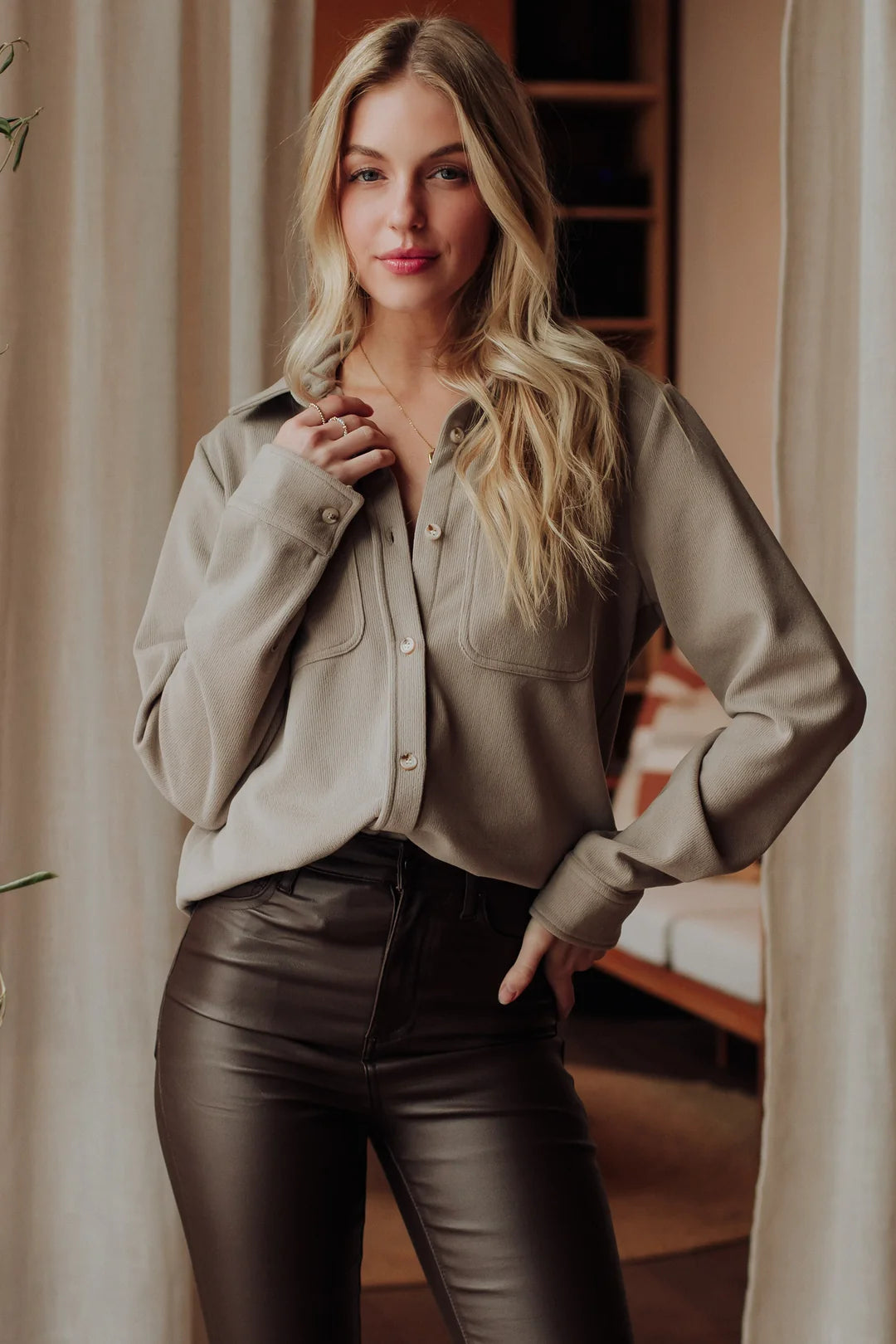Taupe Soft Button Up