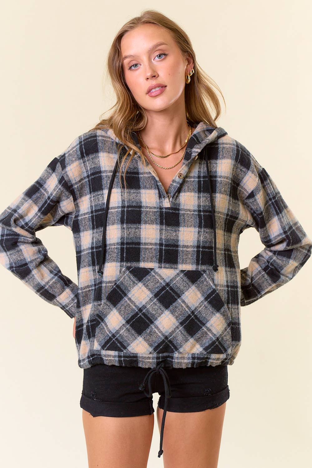 Flannel Plaid Pullover Hoodie W/ Kangaroo Pocket - 44705T