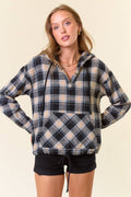 Flannel Plaid Pullover Hoodie W/ Kangaroo Pocket - 44705T