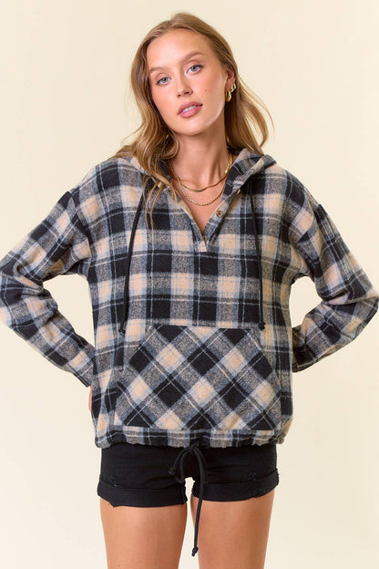 Flannel Plaid Pullover Hoodie W/ Kangaroo Pocket - 44705T