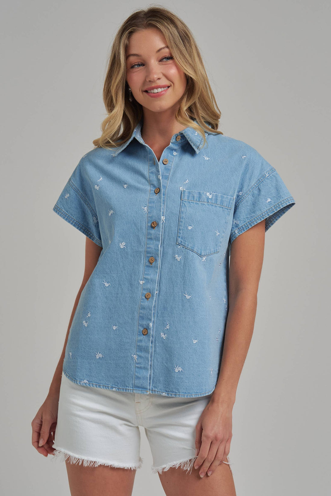 Floral Denim Button-Up Top