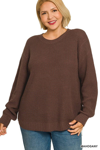 Long Sleeve Round Neck Waffle Sweater
