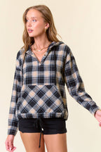 Flannel Plaid Pullover Hoodie W/ Kangaroo Pocket - 44705T