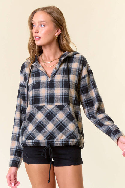Flannel Plaid Pullover Hoodie W/ Kangaroo Pocket - 44705T