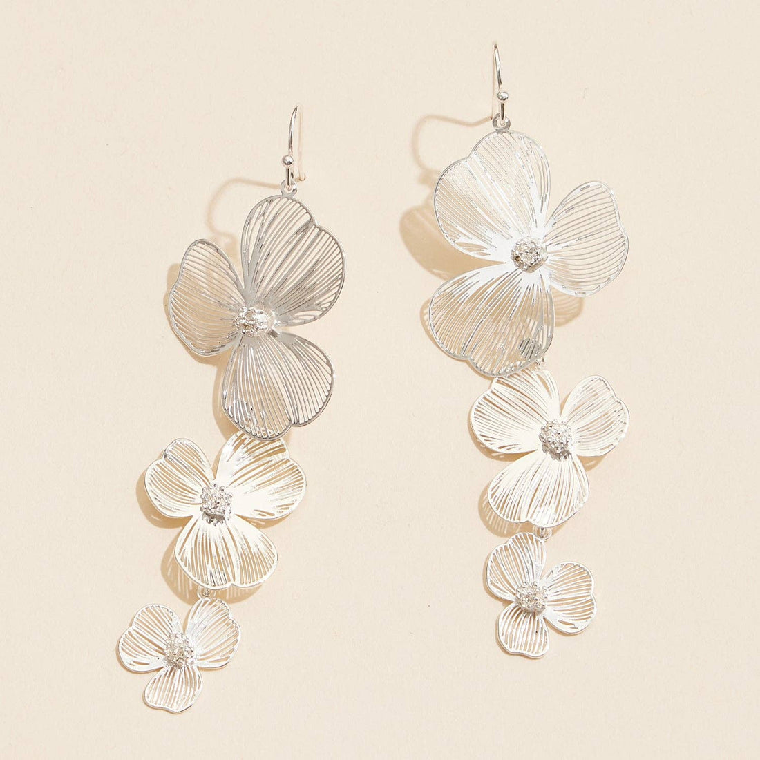 Textured Triple Flower Drop Earrings | Statement Floral Earrings