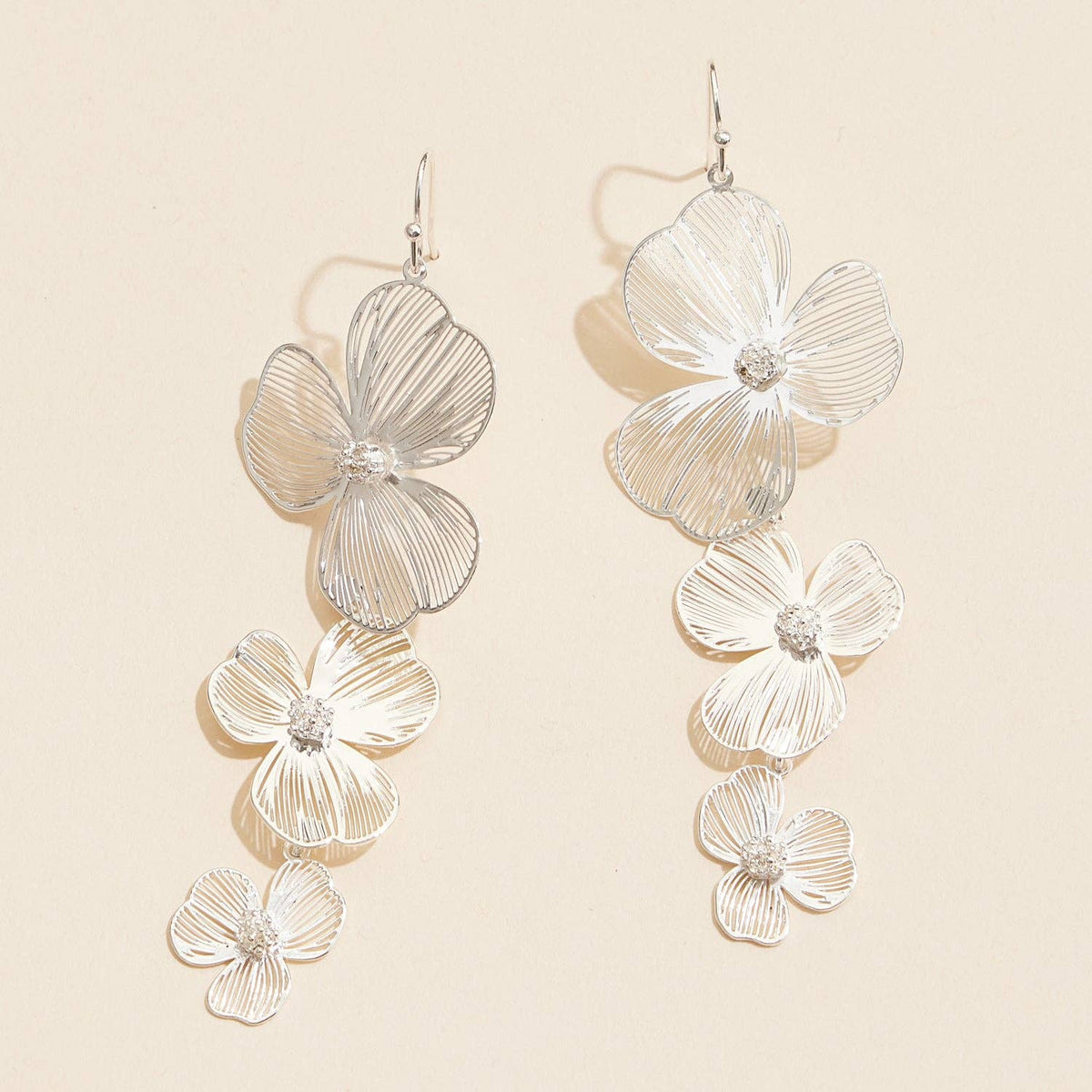Textured Triple Flower Drop Earrings | Statement Floral Earrings
