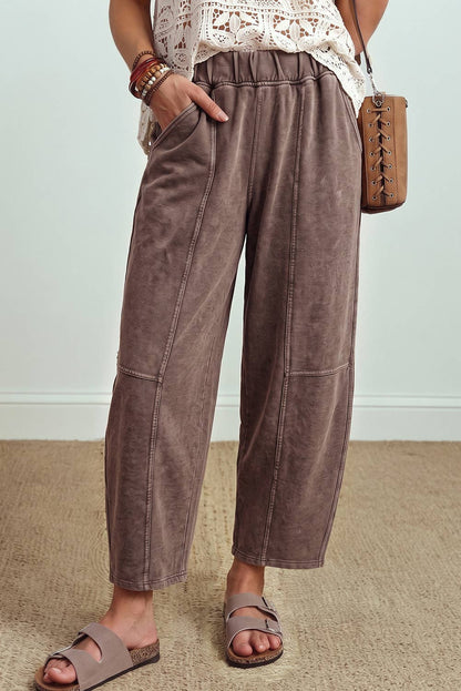 Mineral Wash Seam Detail Elastic Waist Barrel Pants