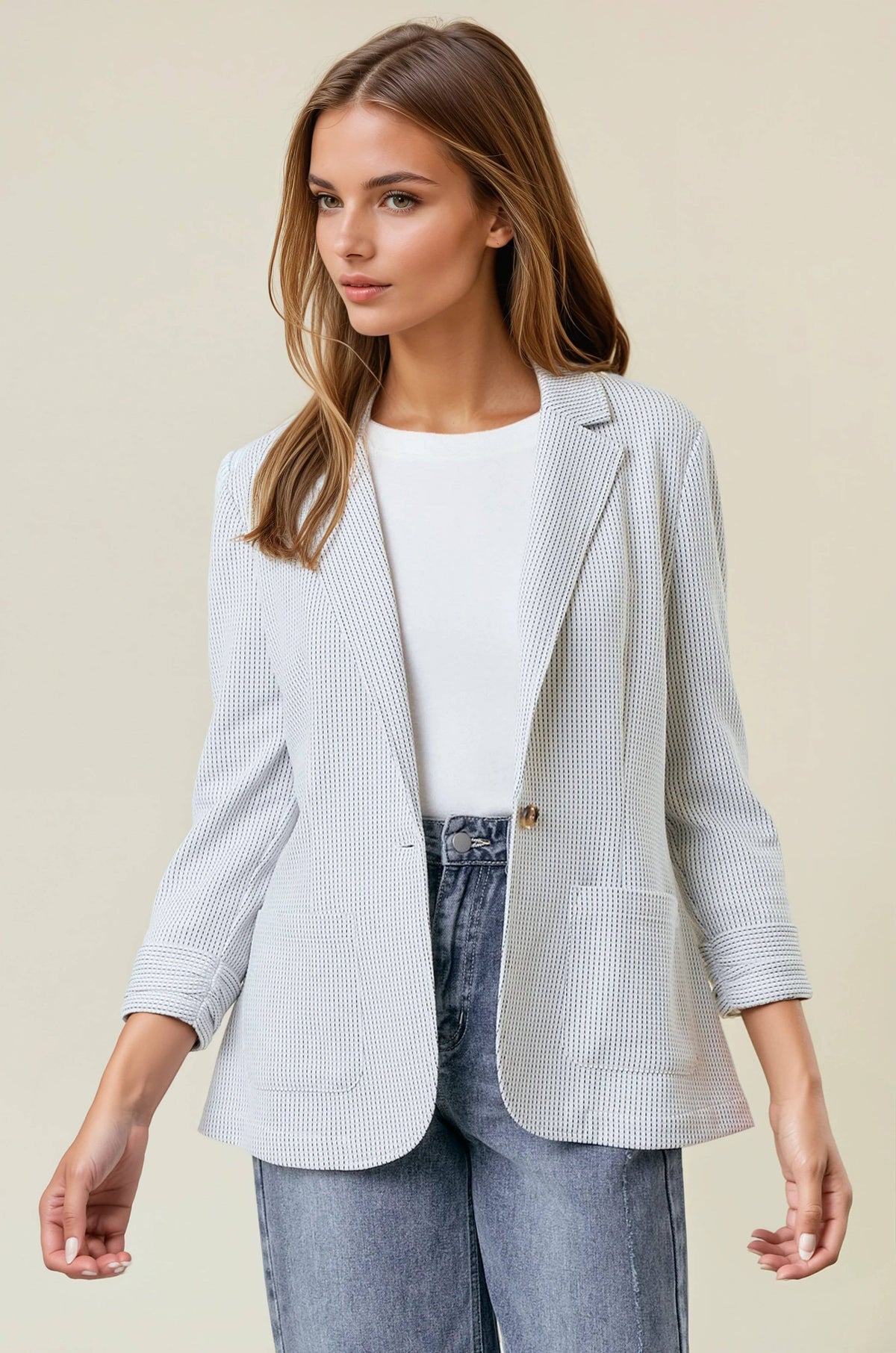 Shirred Sleeve Textured Blazer
