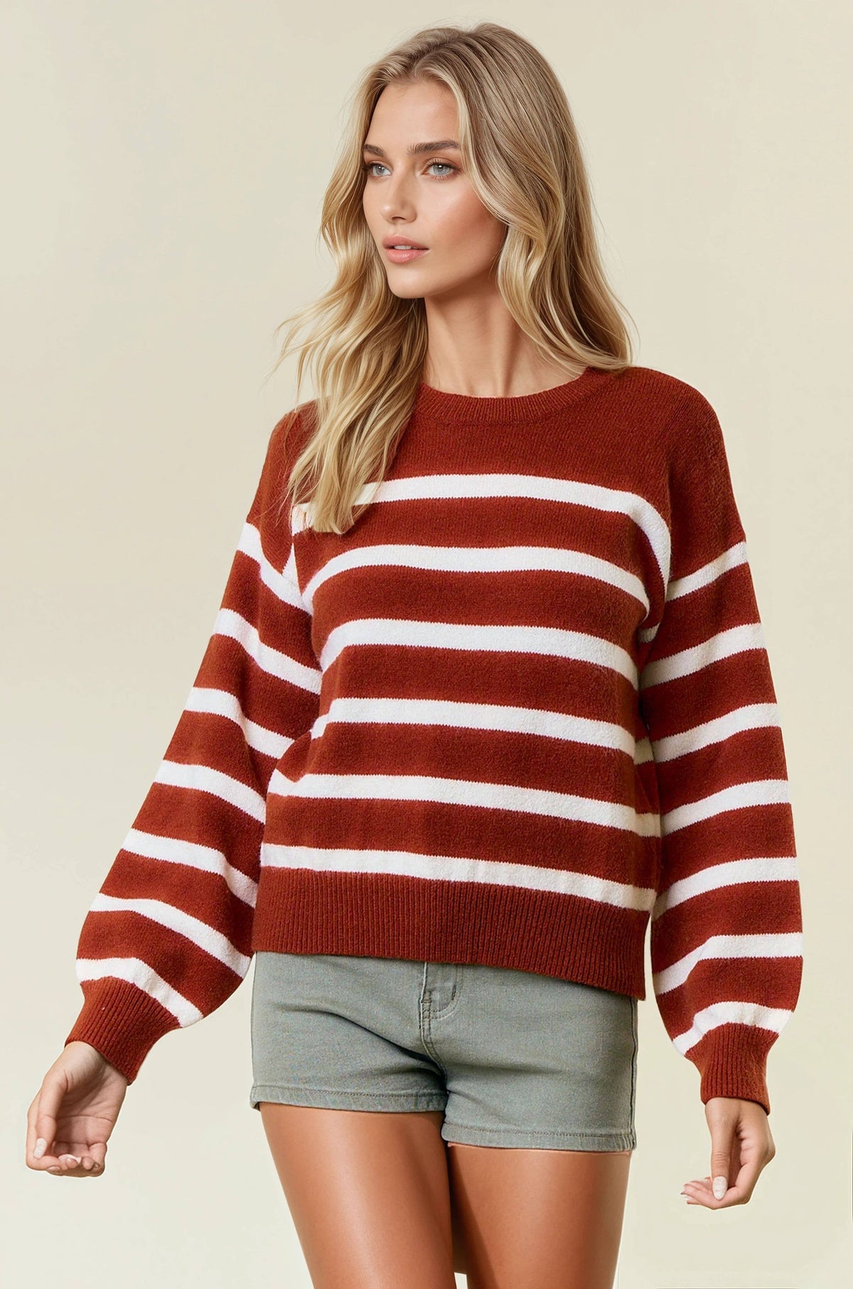 Long-Sleeve Crewneck Striped Knit Top