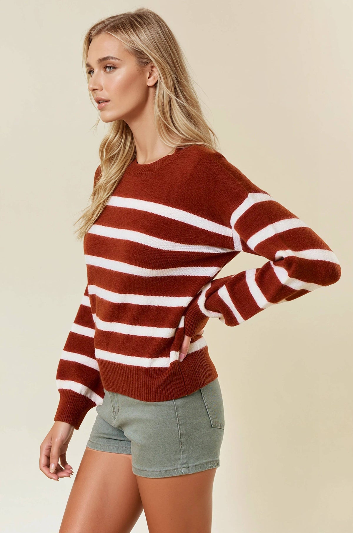 Long-Sleeve Crewneck Striped Knit Top