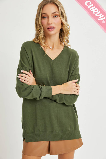 PLUS SIZE  V-NECK COZY KNIT SWEATER TOP