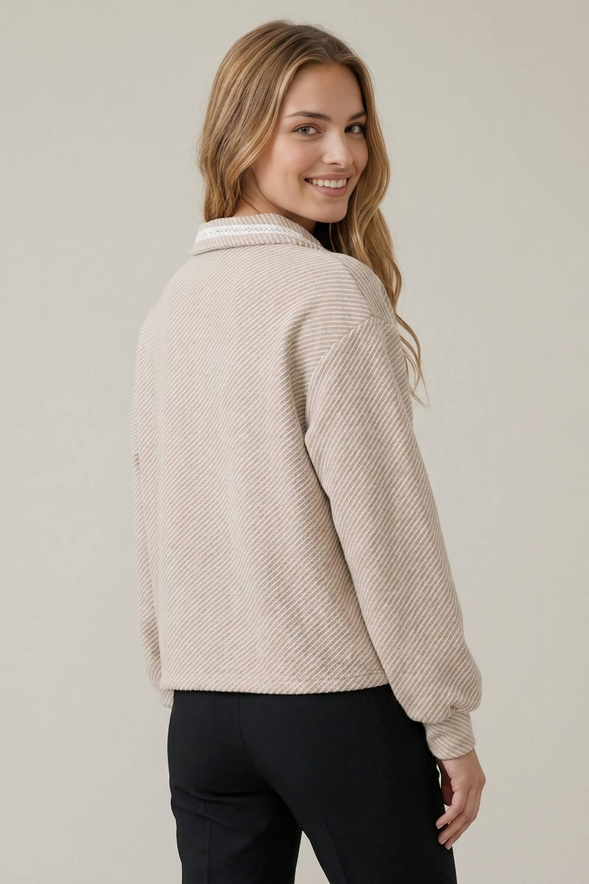 BLANKET STITCH DETAIL COLLARED LONG SLEEVE TOP  - 45897T